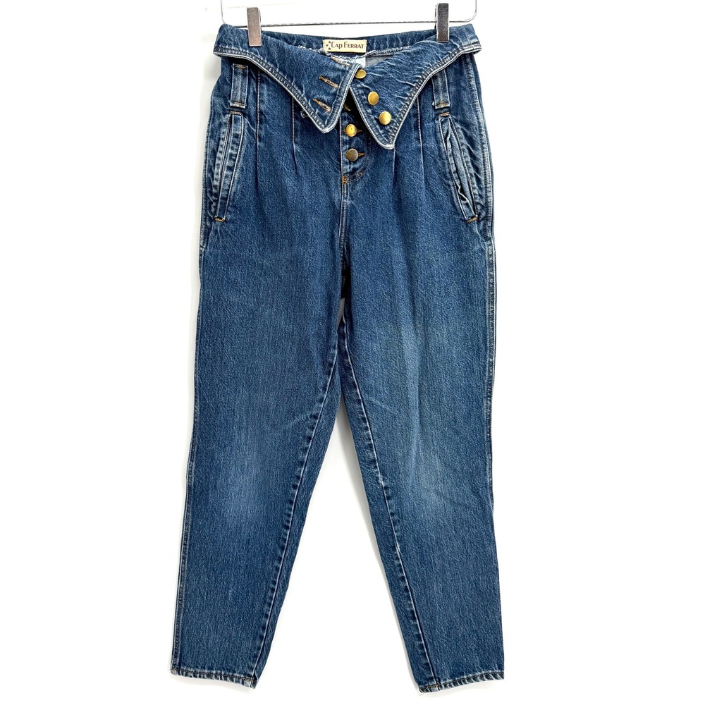 Vintage Cap Ferrat Fold Over Waist Jeans Size 3 Tapered Denim 80s High Waisted